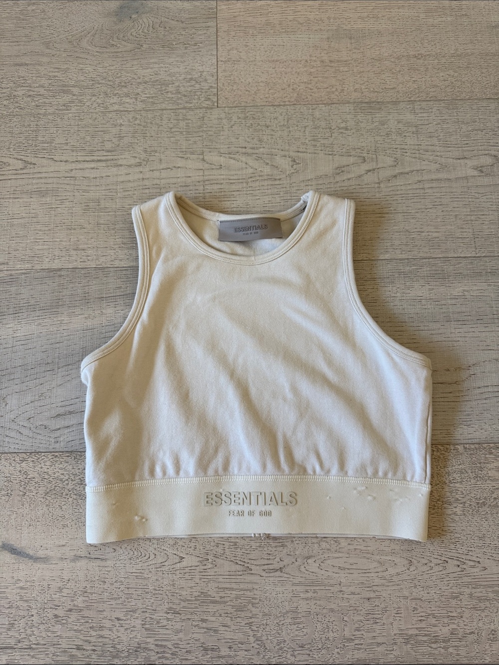 Essentials Cream Cropped Ribbed Logo Tank